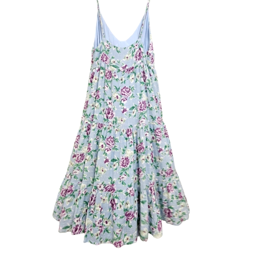 Lulu's Bliss Abound Bliss Baby Blue w/Purple Roses Ruffle Tiered Midi Dress - Picture 5 of 15